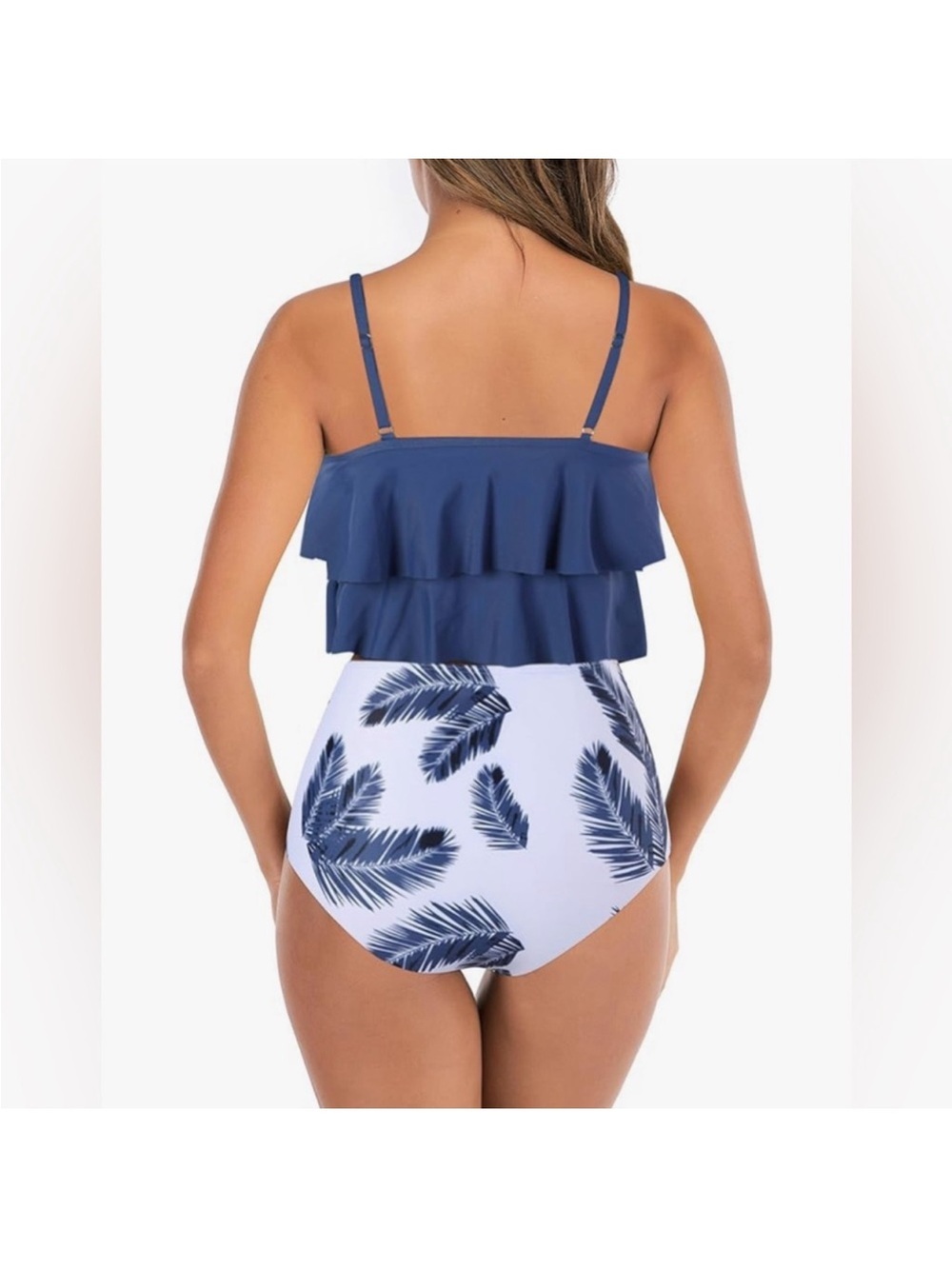 Women's Navy Flounce Tankini Top with White Navy Palm High-Waist Bottoms - Picture 10 of 11
